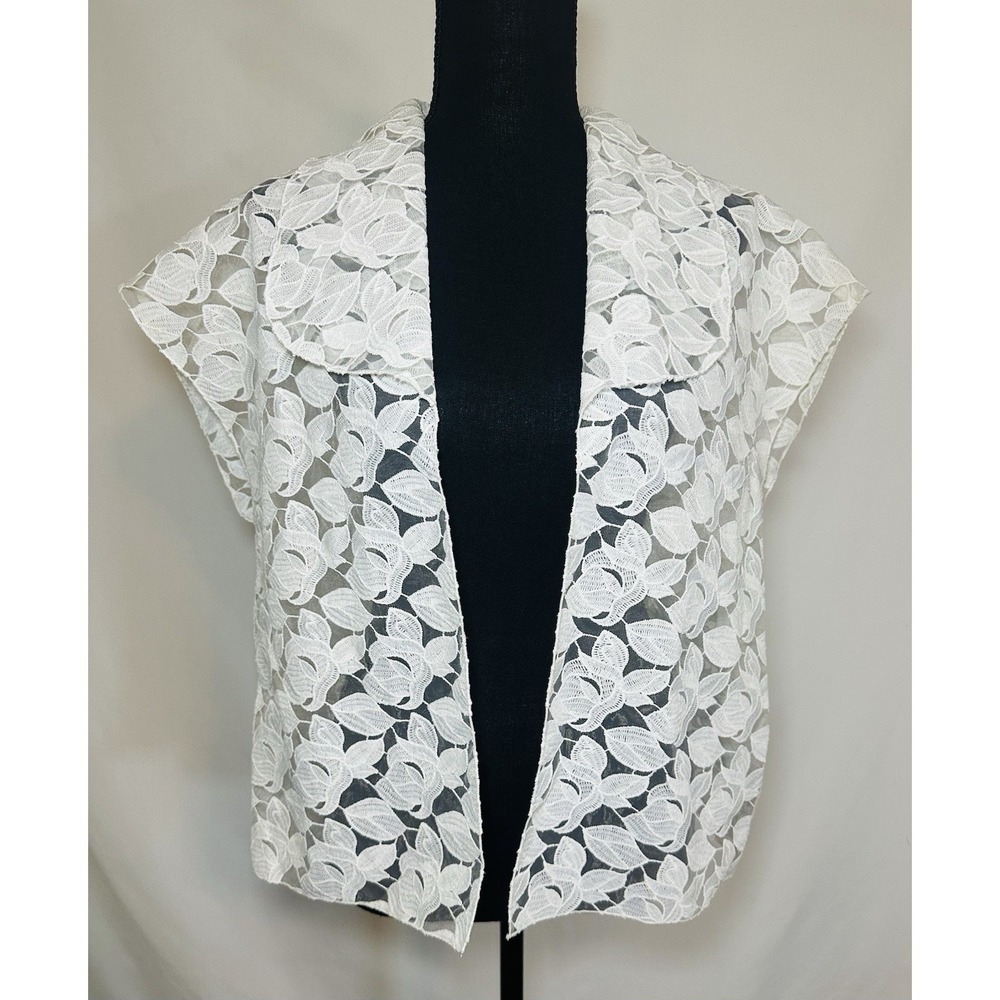 Axara Paris Women's 38 (MED) White Floral Eyelet Open Front Sheer Blouse Cottage